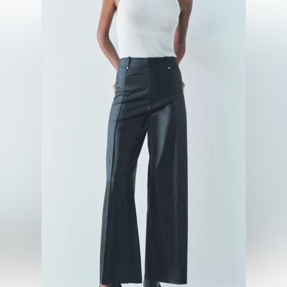 Zara Black Faux Leather Pants | Zara Wide-Leg Pants Size  10
